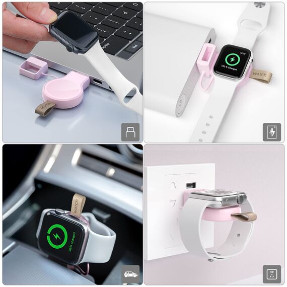 LVFAN Ladegerät für Apple Watch, iWatch Ladegerät Unterwegs, Kabelloses Tragbare Reiseladegerät Zubehör, USB Portable Wireless Travel Charger für Apple Watch 10 9 8 7 6 5 4 3 2 SE Ultra 2 (Rosa)