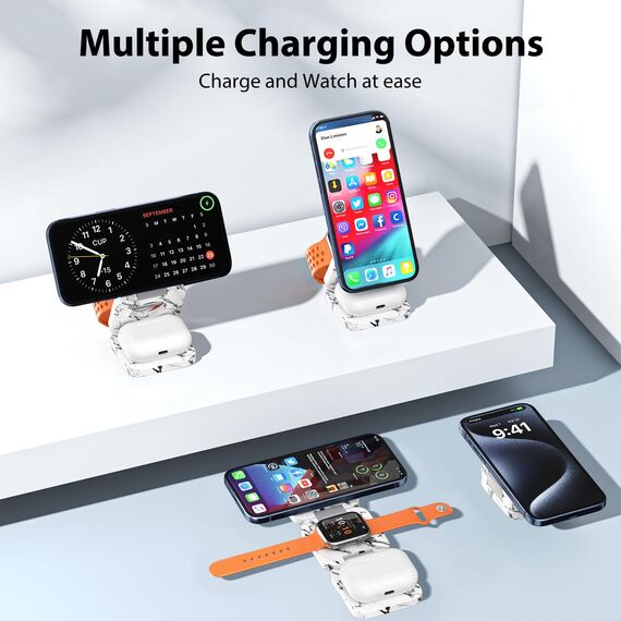 KU XIU Faltbar 3 in 1 Ladestation für Apple Watch und iPhone kompatibel mit MagSafe Ladegerät Induktive Handy Ladestation,15W Wireless Charger für iPhone 16-12, Watch Ultra2, für AirPods-Marble-White