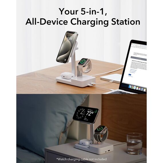 ESR 65W 5 in 1 GaN Ladestation, kompatibel mit MagSafe Ladeständer, magnetisches kabelloses Ladegerät für iPhone 17e/17/16/15/14/13/12-Serie, Apple Watch, AirPods 4/3/2/Pro und USB A/C Geräte, Weiß