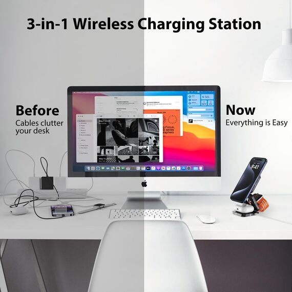 KU XIU Faltbar 3 in 1 Ladestation für Apple Watch und iPhone kompatibel mit MagSafe Ladegerät Induktive Handy Ladestation,15W Wireless Charger für iPhone 16-12, Watch Ultra2, für AirPods-Marble-Black
