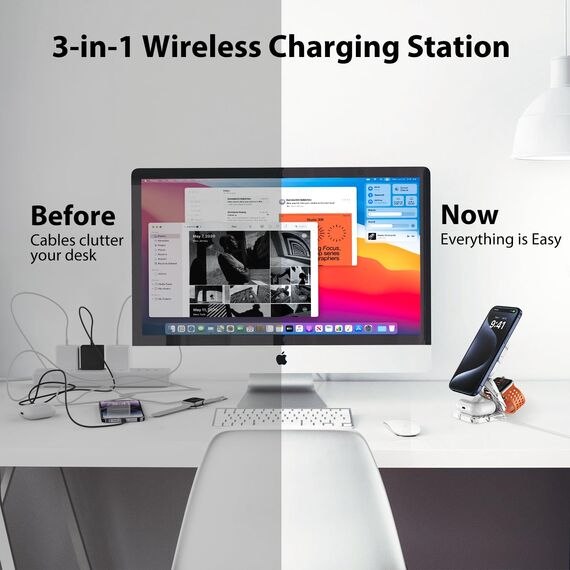 KU XIU Faltbar 3 in 1 Ladestation für Apple Watch und iPhone kompatibel mit MagSafe Ladegerät Induktive Handy Ladestation,15W Wireless Charger für iPhone 16-12, Watch Ultra2, für AirPods-Marble-White