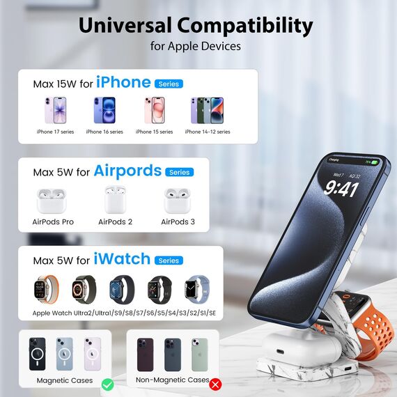 KU XIU Faltbar 3 in 1 Ladestation für Apple Watch und iPhone kompatibel mit MagSafe Ladegerät Induktive Handy Ladestation,15W Wireless Charger für iPhone 16-12, Watch Ultra2, für AirPods-Marble-White