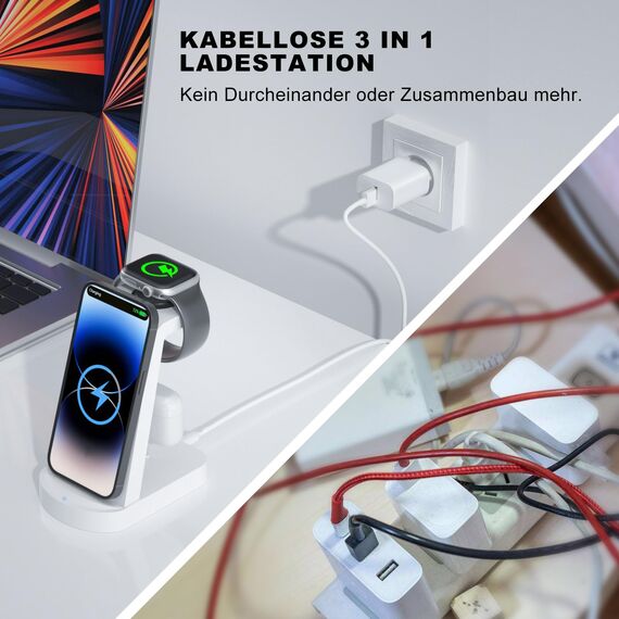 Kabellose Ladestation,Wireless Charger 3 in 1 induktive Kabelloses Ladegerät Mit 18W Adapter,kompatibel mit iPhone 17/16/15/14/13/12 Pro/Pro Max,Apple Watch Ultra/10/9/8/7/6/SE AirPods321/Pro1 Weiß