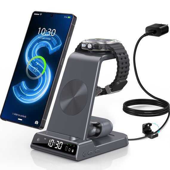 Wireless Charger für Samsung Galaxy S25 Ultra, Induktive Ladestation mit Digitaluhr für Samsung Galaxy Watch 8/7/Ultra, 3 in 1 Ladestation für Samsung Galaxy S24/S23, Active 2, Buds (Grau)