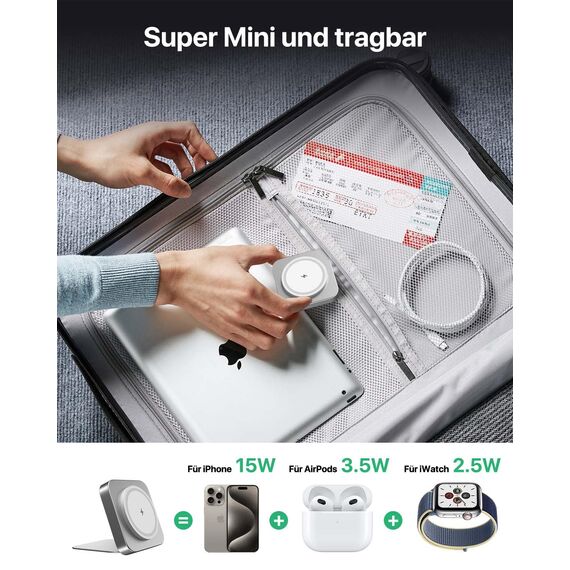 Mag-Safe Ladestation,Tragbare Ladegerät für Apple Watch und iPhone, induktive Ladestation für Reisen kompatibel mit iPhone 16 15 14 13 12 iWatch Serie, Wireless Charger für Airp0ds Pro 3 2 (Silber)