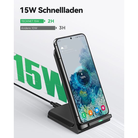 TECKNET Wireless Charger Stand, 15W Qi-Zertifiziert Induktive Ladestation, Schnelles Kabelloses Ladegerät für iPhone 17 16 15 14 13 12&Pro Max, Samsung Galaxy S25 S24, Google, LG, Xiaomi, Huawei
