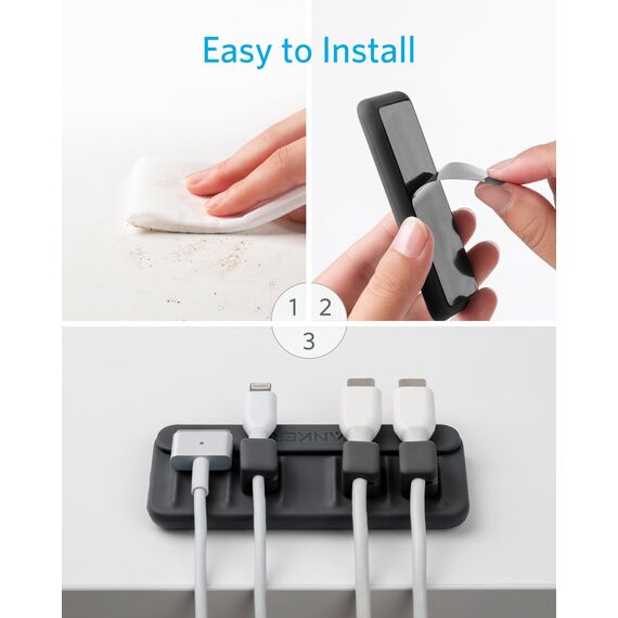 Anker Magnetischer Kabelhalter - Mehrzweck-Kabelmanager für Schreibtische Mit 5 Clips für Lightning, USB-C, Mikro-Kabel - Haftet auf Holz, Marmor, Metall, Glas (Schwarz)
