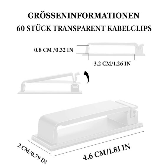 MiuCo 60 Stück kabelklemmen schreibtisch, Stark Kabelhalter Selbstklebend, Kabel Organizer, Kabel Clips für Ethernet Kabel, Indoor, Outdoor, Heim, Büro (Transparent)