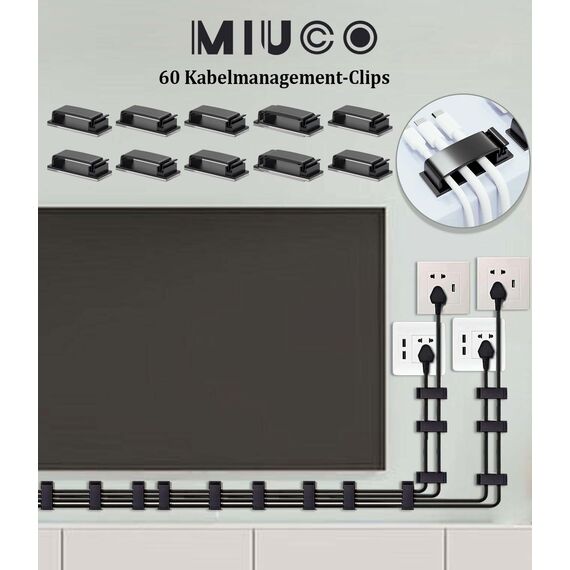 MiuCo 60 Stück kabelklemmen schreibtisch, Stark Kabelhalter Selbstklebend, Kabel Organizer, Kabel Clips für Ethernet Kabel, Indoor, Outdoor, Heim, Büro (Schwarz)