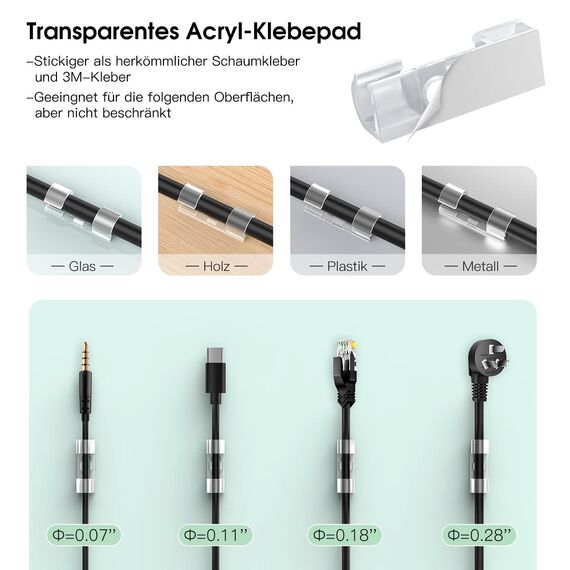 AGPTEK 30 Stück Kabelclips, Selbstklebende Kabelhalter für Schreibtisch, Netzkabel, Verlängerungskabel, TV-Kabel, LAN-Kabel, Kabelklemme Set mit Schrauben, keine Spur Kabelmanagement, Transparent