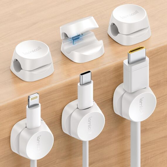 [6 Stück] Lamicall Kabelhalter Kabelclips, Kabel Organizer - [Einhand-Bedienung] Feder Kabelklemmen Selbstklebend, Kabelorganizer für Schreibtisch/Wand, Kabelmanagement für Netzkabel, HDMI, Ladekabel