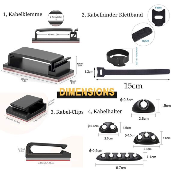 MiuCo Kabelmanagement Schreibtisch Kit mit 50Stk Kabelbinder Klettband+40Stk Kabelklemme/KabelClips+10Stk Kabelhalter Selbstklebende Kabelschellen, Kabel Management Organizer Kit für Schreibtisch