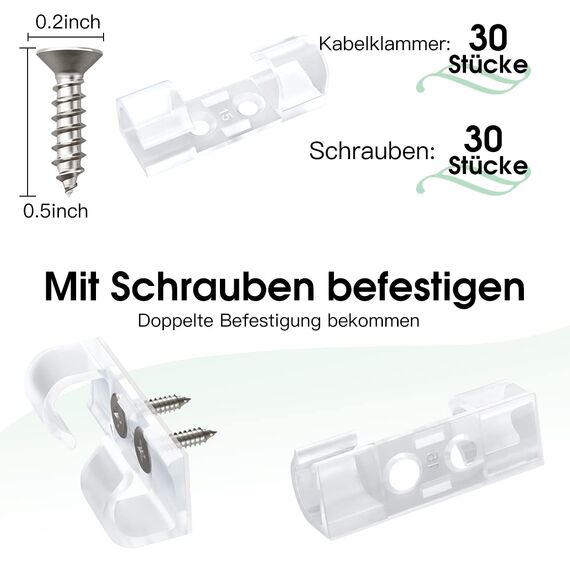 AGPTEK 30 Stück Kabelclips, Selbstklebende Kabelhalter für Schreibtisch, Netzkabel, Verlängerungskabel, TV-Kabel, LAN-Kabel, Kabelklemme Set mit Schrauben, keine Spur Kabelmanagement, Transparent