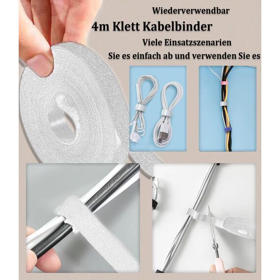 MiuCo 255Pcs Weiß Kabelmanagement Set Mit Kabelbox, Kabelhalter Selbstklebend, Rollenkabelbinder, Silikon Kabelclip, UV Kabelbinder, Selbstklebende Klettband, fur Kabelorganizer fur Schreibtisch