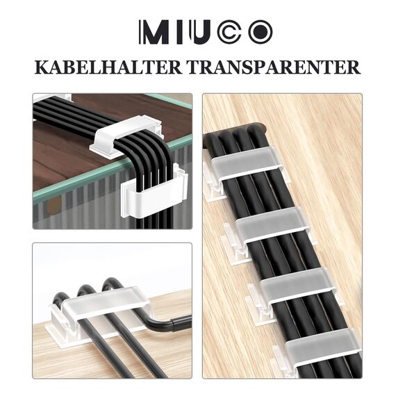 MiuCo 60 Stück kabelklemmen schreibtisch, Stark Kabelhalter Selbstklebend, Kabel Organizer, Kabel Clips für Ethernet Kabel, Indoor, Outdoor, Heim, Büro (Transparent)