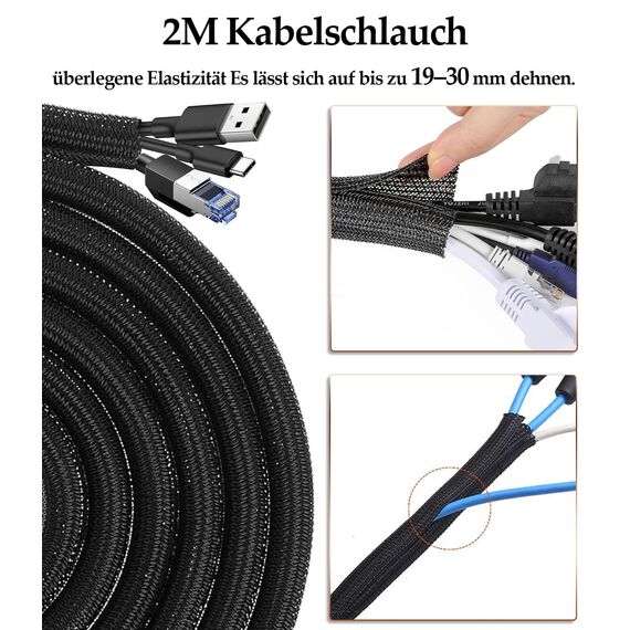 MiuCo Kabelmanagement Set mit 2m Kabelschlauch, Kabelkanal für Schreibtisch und Kabel Organizer, Büro Selbstklebend Kabelhalter, Kabelklemmen & Kabelclips - Schwarz Kabelführung Büro Zubehör