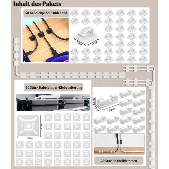 MiuCo 255Pcs Weiß Kabelmanagement Set Mit Kabelbox, Kabelhalter Selbstklebend, Rollenkabelbinder, Silikon Kabelclip, UV Kabelbinder, Selbstklebende Klettband, fur Kabelorganizer fur Schreibtisch