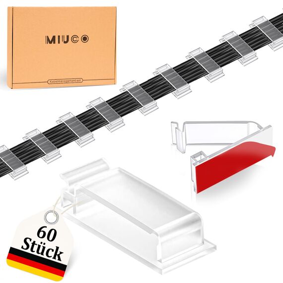 MiuCo 60 Stück kabelklemmen schreibtisch, Stark Kabelhalter Selbstklebend, Kabel Organizer, Kabel Clips für Ethernet Kabel, Indoor, Outdoor, Heim, Büro (Transparent)