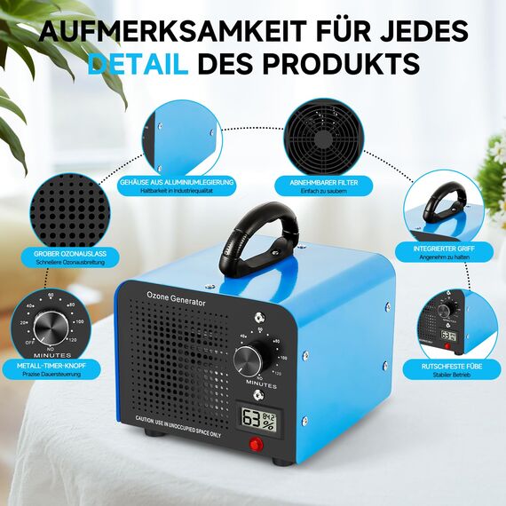 Ozongenerator, 60000mg/Std Ozongerät mit Temperatur- und Luftfeuchtigkeitsanzeige, O3 Ozon Luftreiniger mit 120 Min Timer für 320㎡, für Auto, Wohnung, Rauch, Haustiergeruch, Küchengeruch, Blau