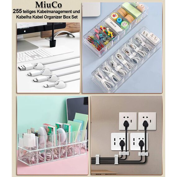 MiuCo 255Pcs Weiß Kabelmanagement Set Mit Kabelbox, Kabelhalter Selbstklebend, Rollenkabelbinder, Silikon Kabelclip, UV Kabelbinder, Selbstklebende Klettband, fur Kabelorganizer fur Schreibtisch