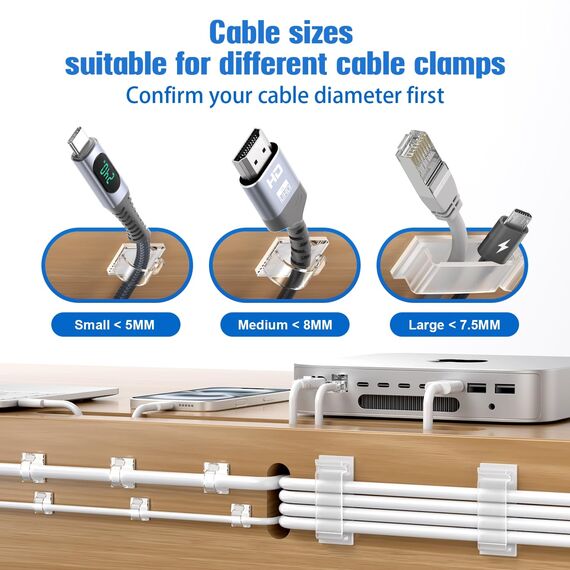 Kimsky Kabelhalter 100 Stück, 40 Große Kabelhalter Selbstklebend + 30 Mittlere Kabel Organizer + 30 Kleine Kabelmanagement, Kabelclips mit Kleber, Cable Management für Heim, Büro – Transparent