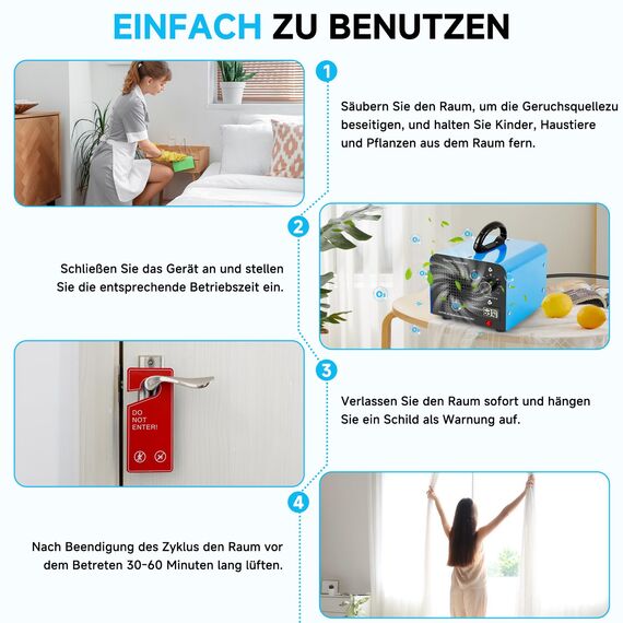 Ozongenerator, 60000mg/Std Ozongerät mit Temperatur- und Luftfeuchtigkeitsanzeige, O3 Ozon Luftreiniger mit 120 Min Timer für 320㎡, für Auto, Wohnung, Rauch, Haustiergeruch, Küchengeruch, Blau