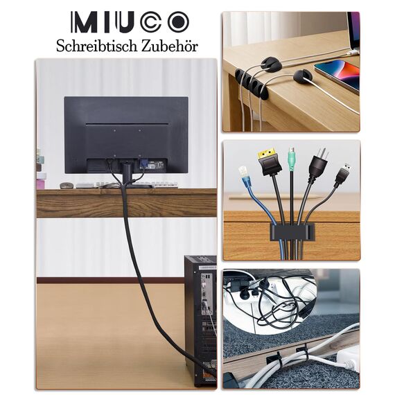 MiuCo Kabelmanagement Set mit 2m Kabelschlauch, Kabelkanal für Schreibtisch und Kabel Organizer, Büro Selbstklebend Kabelhalter, Kabelklemmen & Kabelclips - Schwarz Kabelführung Büro Zubehör