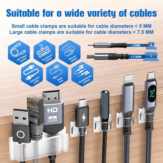 Kimsky Kabelhalter 70 Stück, 50 Kleine Kabel Organizer +20 Große Kabelmanagement, Kabelclips für Cable Management, Kabelhalter Selbstklebend mit Kleber, Kabelklemmen für Heim, Büro – Transparent