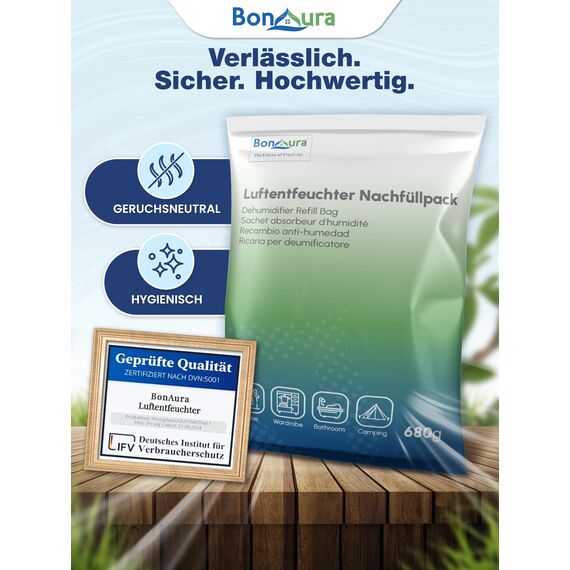 BonAura® AirOne Luftentfeuchter Nachfüllpack I 4er Set 680g Luftentfeuchter Granulat I Entfeuchter Nachfüllpack für Wohnräume I Schutz gegen Schimmel & Gerüche