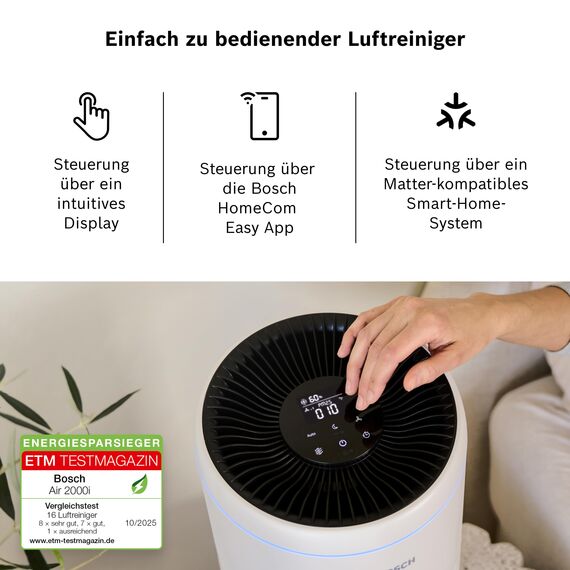 Bosch Air 2000i App-gesteuerter Luftreiniger - Für Räume bis zu 37,5 m² - Entfernt Schadstoffe - Mit 3-in-1 Luftfilter, Smart Sensor, Automatikmodus, Ruhemodus (< 25 dB(A)) - CADR: 180 m³/h