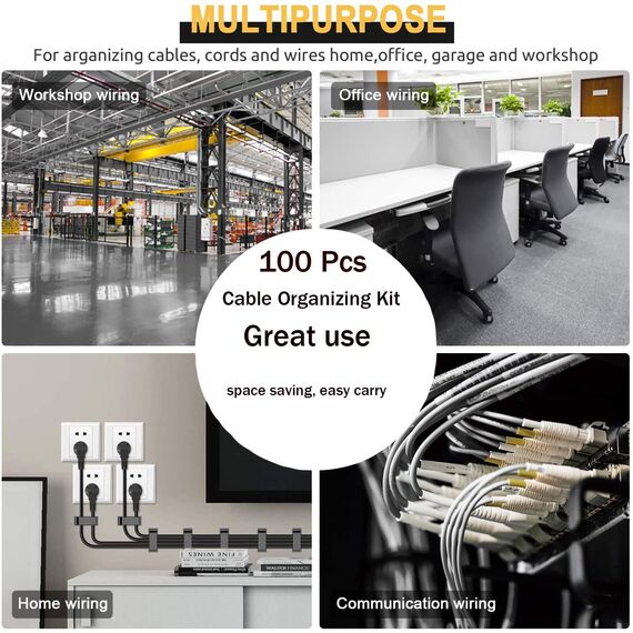 MiuCo Kabelmanagement Schreibtisch Kit mit 50Stk Kabelbinder Klettband+40Stk Kabelklemme/KabelClips+10Stk Kabelhalter Selbstklebende Kabelschellen, Kabel Management Organizer Kit für Schreibtisch