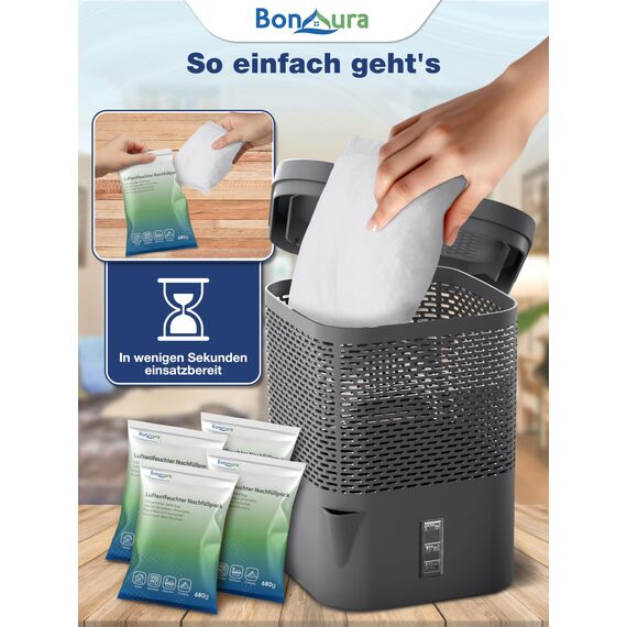 BonAura® AirOne Luftentfeuchter Nachfüllpack I 4er Set 680g Luftentfeuchter Granulat I Entfeuchter Nachfüllpack für Wohnräume I Schutz gegen Schimmel & Gerüche