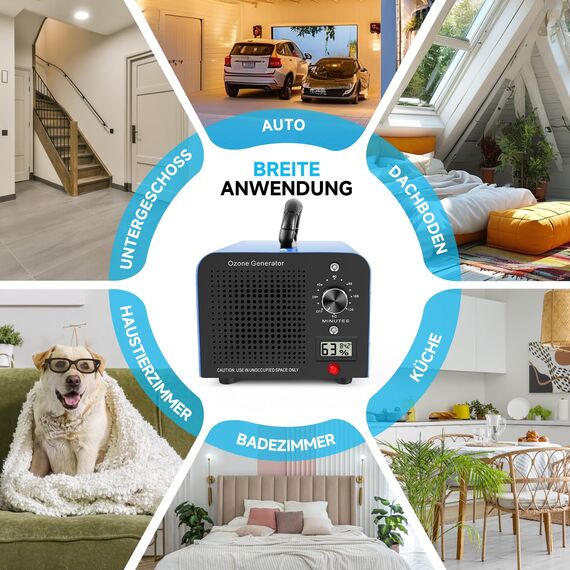 Ozongenerator, 60000mg/Std Ozongerät mit Temperatur- und Luftfeuchtigkeitsanzeige, O3 Ozon Luftreiniger mit 120 Min Timer für 320㎡, für Auto, Wohnung, Rauch, Haustiergeruch, Küchengeruch, Blau