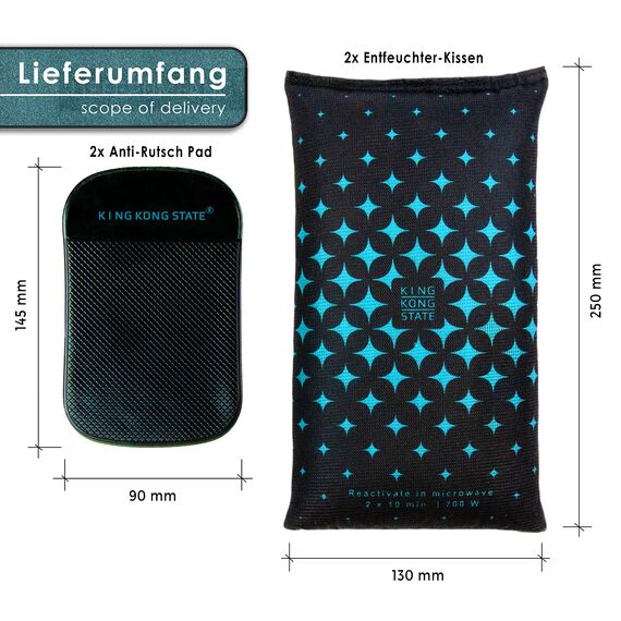 King Kong State Luftentfeuchter für Autos 2-Pack - Entfeuchter-Kissen 2x 1kg für beschlagene Autoscheiben - mit wiederverwendbarer Antibeschlag-Füllung und Anti-Rutsch-Pad