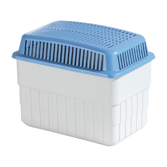 WENKO Feuchtigkeitskiller mit 1 kg Granulatblock, Raumentfeuchter, fasst bis zu 1,4 Liter Feuchtigkeit, laborgeprüft, nachfüllbar, reduziert Schimmel & Gerüche, 24 x 16 x 15 cm, Grau / Blau