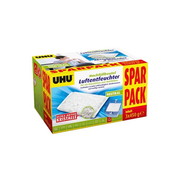 UHU Luftentfeuchter Nachfüllbeutel, 3 x 450 g, Verhindert Feuchtigkeit und muffige Gerüche, Ideal für Wochenendhäuser, Badezimmer, Keller, etc.