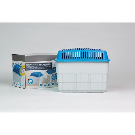 WENKO Feuchtigkeitskiller mit 1 kg Granulatblock, Raumentfeuchter, fasst bis zu 1,4 Liter Feuchtigkeit, laborgeprüft, nachfüllbar, reduziert Schimmel & Gerüche, 24 x 16 x 15 cm, Grau / Blau