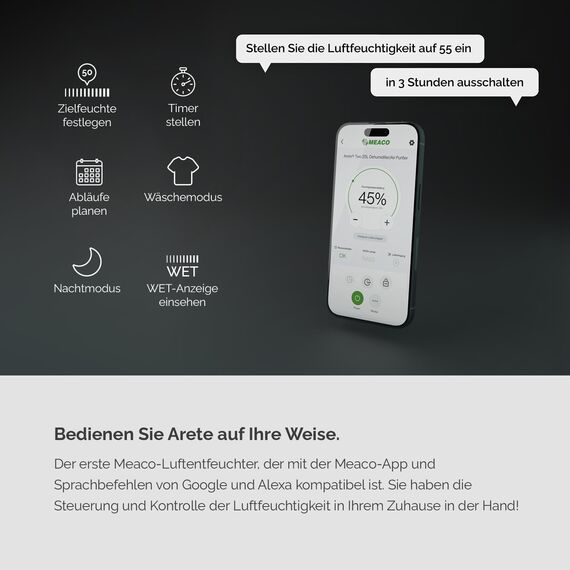 Meaco MeacoDry Arete® Two 12L Luftentfeuchter & HEPA-H13-Luftreiniger, Meaco-WLAN-App, intelligenter Feuchtigkeitsmodus, Wäschemodus, Stromsparmodus, leiser Modus, senkt Feuchtigkeit, 5 Jahre Garantie