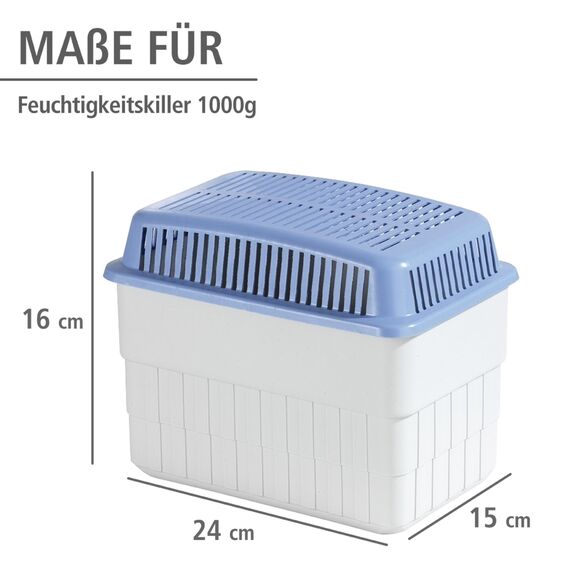 WENKO Feuchtigkeitskiller mit 1 kg Granulatblock, Raumentfeuchter, fasst bis zu 1,4 Liter Feuchtigkeit, laborgeprüft, nachfüllbar, reduziert Schimmel & Gerüche, 24 x 16 x 15 cm, Grau / Blau