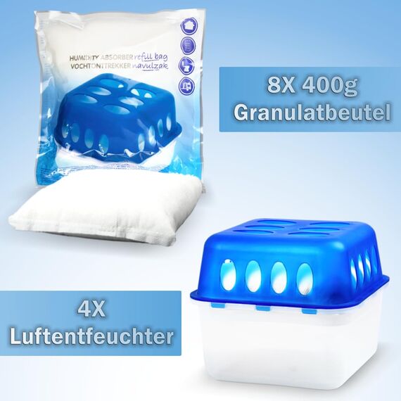 Stimo 4x Luftentfeuchter Box mit 8 Nachfüllpacks Raumentfeuchter Feuchtigkeits-Stopper mit Granulat - Beutel (4x Box + 8x Nachfüllpack 400g)
