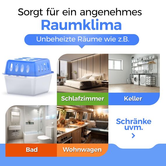 Idelia® 4x Luftentfeuchter + 9x 400g Nachfüllpacks - Raumentfeuchter für Bad, Keller uvm. bis 40m² + 9x Luftentfeuchter Granulat (4x Entfeuchter + 9x Nachfüllpacks) Baumarkt Fachhandel Qualität