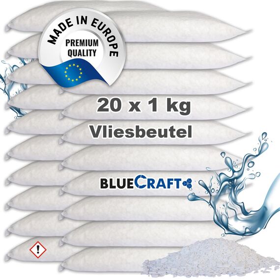 Bluecraft 20x 1kg Luft-Entfeuchter Granulat Nachfüllpack im Vliesbeutel Calciumchlorid Raumentfeuchter ohne Strom Feuchtigkeitskiller Entfeuchter Wohnung Keller Schrank Schlafzimmer anti Schimmel