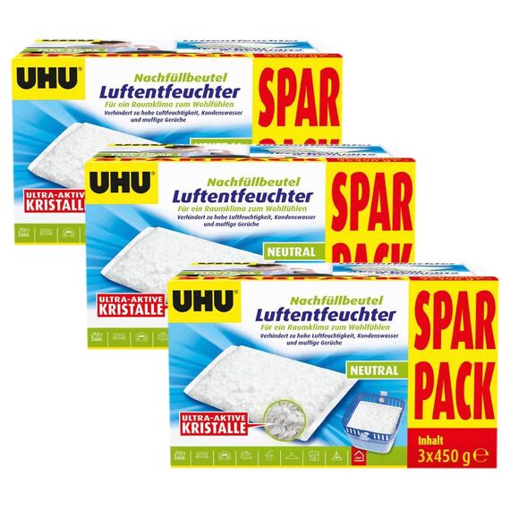 UHU Luftentfeuchter Nachfüllbeutel, 3 x 450 g, Verhindert Feuchtigkeit und muffige Gerüche, Ideal für Wochenendhäuser, Badezimmer, Keller, etc.