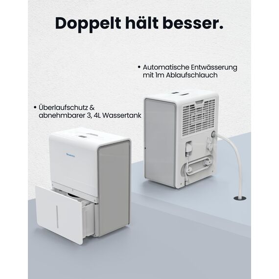 Newentor Luftentfeuchter 25L/24h, Für 215m³/80m² Räume - 3 fache Geräuschreduktion - Stromsparender Chip - Einfache Bedienung - 10 J. Gar. - Mit 1M Ablaufschlauch&Abnehmbarem Filter, Timer