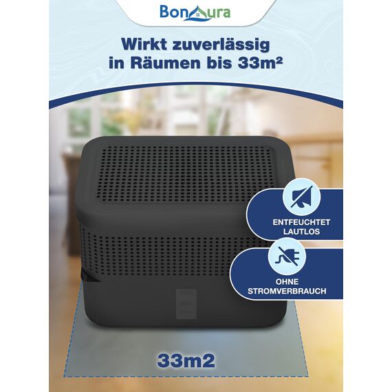 BonAura® Luftentfeuchter ohne Strom - Raumentfeuchter für Keller, Bad uvm. - 980g Luftenfeuchter Nachfüllpack inklusive - Entfeuchter und Luftentfeuchter Granulat im Set - Schutz vor Schimmel