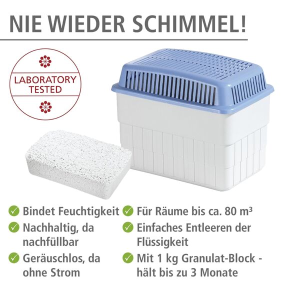 WENKO Feuchtigkeitskiller mit 1 kg Granulatblock, Raumentfeuchter, fasst bis zu 1,4 Liter Feuchtigkeit, laborgeprüft, nachfüllbar, reduziert Schimmel & Gerüche, 24 x 16 x 15 cm, Grau / Blau