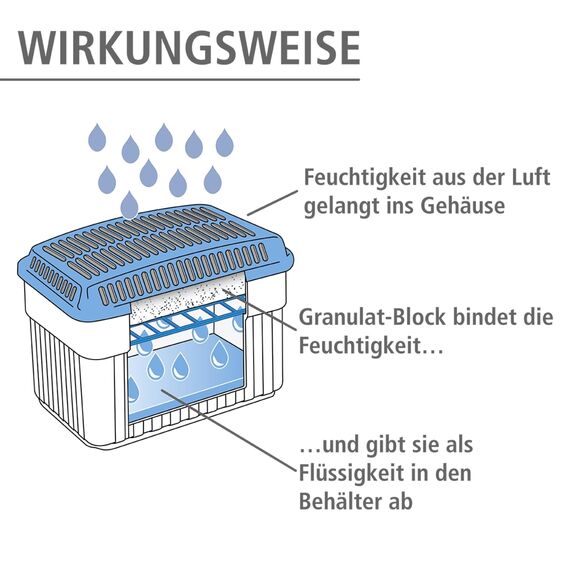 WENKO Feuchtigkeitskiller mit 1 kg Granulatblock, Raumentfeuchter, fasst bis zu 1,4 Liter Feuchtigkeit, laborgeprüft, nachfüllbar, reduziert Schimmel & Gerüche, 24 x 16 x 15 cm, Grau / Blau