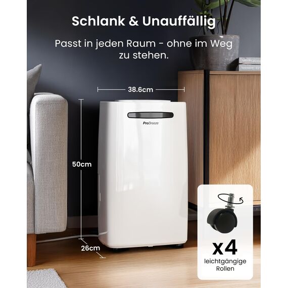 Pro Breeze Luftentfeuchter 20L in 24h Entfeuchtungsleistung - Raumgröße ca. 195m³ (~30 m²) - mit 4 Betriebsarten, Digitalanzeige, Ablaufschlauch, Wäschetrocknung, Timer - Gegen Feuchtigkeit, Schimmel