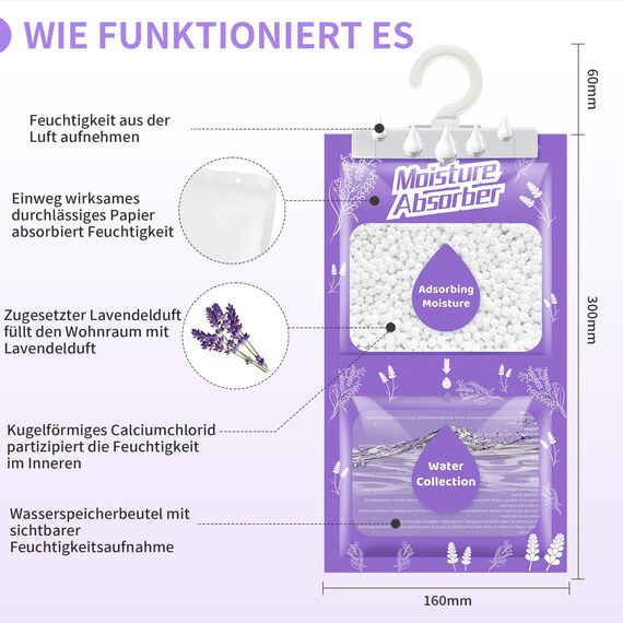 Boadw 10x230G Hänge Luftentfeuchter mit Duft, Kleiderschrank Feuchtigkeitsabsorber für Keller, Schlafzimmer, Waschräume, gegen Feuchtigkeit Anti-Schimmel Desodorierende Trockenmittel-Tasche –Lavendel