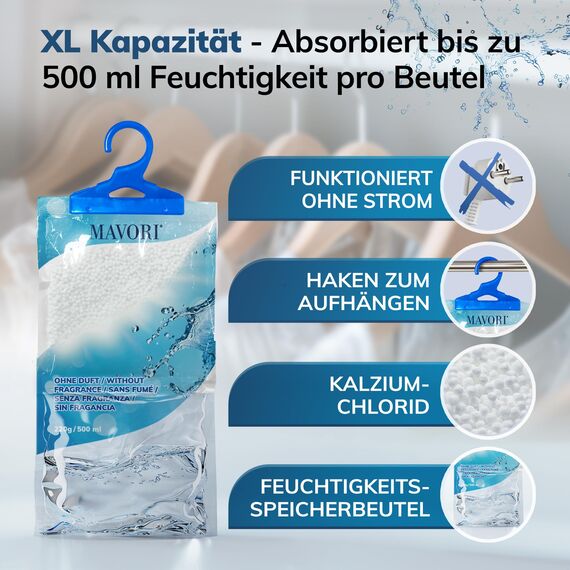 MAVORI 10er Set XL Luftentfeuchter zum Aufhängen I Luftentfeuchter Beutel I Entfeuchter Schrank und Feuchtigkeitsabsorber für Räume gegen Feuchtigkeit, Schimmel und Gerüche I bis zu 500ml je Beutel